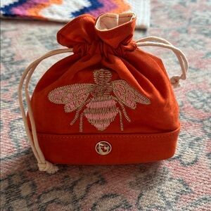 Spartina Orange Bee Embroidered Drawstring Cosmetic Bag